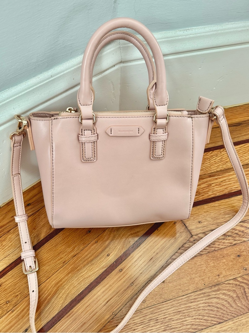 Accessories Blush Pink Leather Satchel Handbag with Crossbody Strap